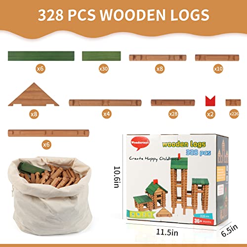 Wondertoys 328 Pcs Wooden Logs Set Ages 3+, Classic Building Log Toys for Kids, Creative Construction Engineering Educational Gifts - style: 328 PCS