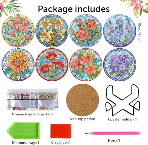 Meothan 8 Pcs Flowers Diamond Art Coasters Kit for Adults with Holder 4x4in - color: Flowers Coasters-D, size: 8 Pcs 4x4in