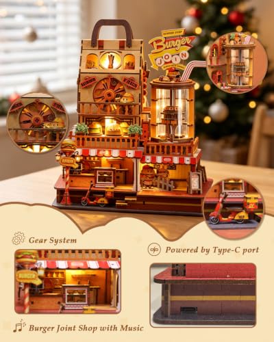 DIY Moving Miniature House Kit, 3D Wooden Puzzle Burger Joint Shop for Adults, Mechanical Model Building Kit with Music Box & LED Light Book Nook Kit
