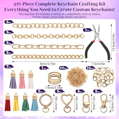 Koruhi 418pcs Charms Lip Gloss Keychain Making Kit,Cute Gold DIY Keychain Supplies Including Organizer Box,Pliers, Tassels, Enamel Letter Charms,Complete Key Chain Kits for DIY Craft Gifts(418, Gold)