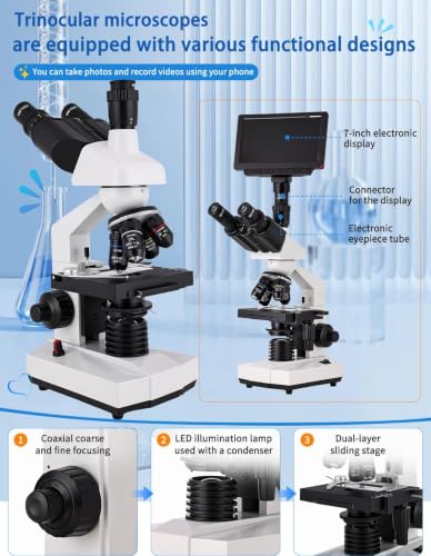 Microscope for Adult,with7'' HD Display,WF10&25X Eyepieces,40-5000X Magnification,Dual Mechanical Stages and Abbe Condenser,Includes 40 PCS Specimens,Suitable for Labs & Schools
