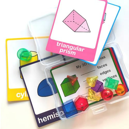 Math Task Boxes Set of 5 Math Manipulatives Themes 230+ Pieces of Number Rods, Base Ten Blocks, Ten Frame Disc Counters, Place Value Blocks, 0-9 Numbers, 3D Shapes, Activity Cards (3D Shapes) - color: 3d Shapes