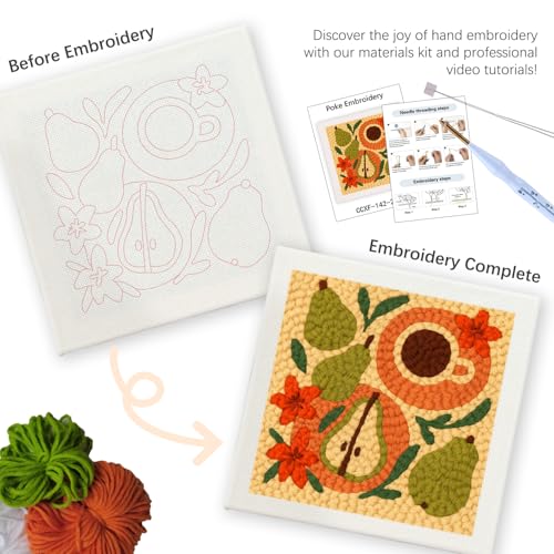 SDOYUNO Punch Needle Kit with Frame for Adults Beginners Kits 9.84 x 9.84 Inch Embroidery Starter Kits Punch Needle Kit with Fruit Pattern, Threader, Yarns, Rug Punch, DIY Craft Kits (Apricot) - color: apricot
