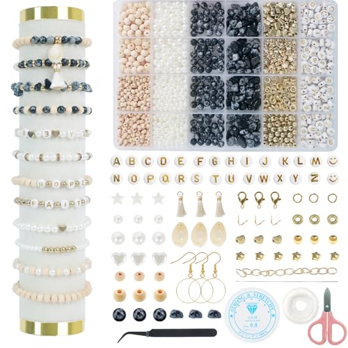 Jewelry Making Supplies Kit, Bracelet Making Kit, Natural Stone Beads - color: Snowflake Obsidian