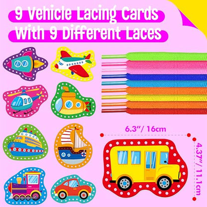 SpriteGru 9 Pieces Kids Lacing Cards, Double Sided Vehicle Sewing Cards with 9 Colorful Laces, Imagination Development Lacing Toys Games for Children Educational and Learning Activity - color: Vehicle-B