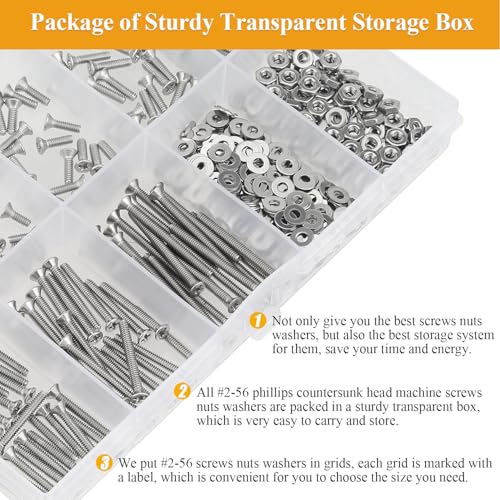 254 Pieces #2-56 x 3/16", 1/4", 5/16", 3/8", 1/2", 5/8", 3/4", 1", Phillips Countersunk Head Machine Screws Nuts Washers Assortment Kit - size: #2-56, style: Phillips Countersunk Head