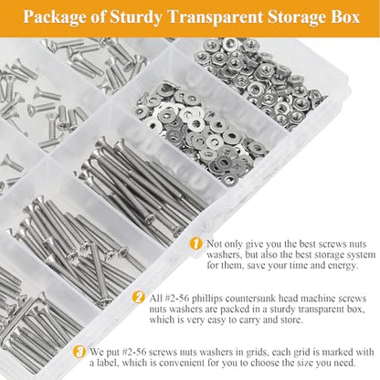 254 Pieces #2-56 x 3/16", 1/4", 5/16", 3/8", 1/2", 5/8", 3/4", 1", Phillips Countersunk Head Machine Screws Nuts Washers Assortment Kit - size: #2-56, style: Phillips Countersunk Head
