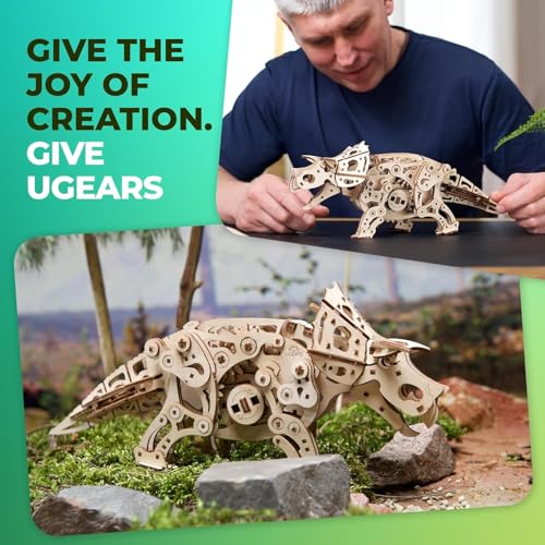 UGEARS Triceratops, 3D Puzzle, 5.6-inch Height, Dinosaur Model Kit Dino Wood Puzzle Animal Models for Adult Brain Teaser, Hobby Set - style: Triceratops