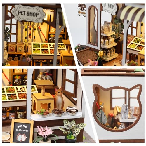 Pet Shop DIY Miniature House Kit, Wooden Dollhouse with LED for Adults - style: Pet Shop