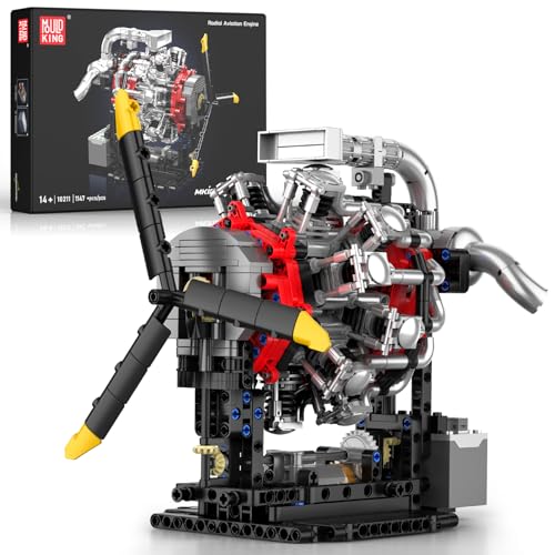 Mould King 10211 Aircraft Engine Model that Works, 1147PCS Transmission Engine Battery/Motor Building Sets, STEM Toy Gift for 14+ Teens & Adults, V8 Engine Series for Display Collection - style: RA Engine