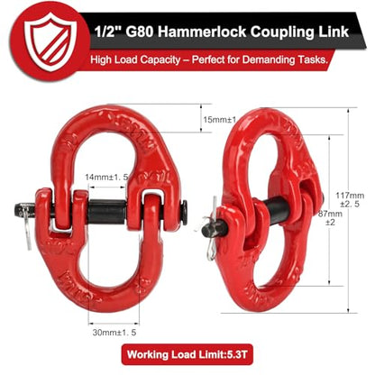 G80 Safety Chain Connector Link, 1/2" Hammerlock Coupling Link - size: 1/2" (2 Pack)