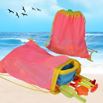 MUYIZI Beach Toy Bag 2 Pack, Mesh Drawstring Backpack for Kids and Adults - Quick Dry Sand Free Mesh Beach Bag, Portable Sand Toy Backpack, Sea Shell Bags, Shelling Tools, Bags Only (Bright Pink) - color: Bright Pink