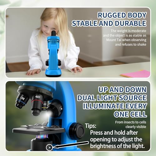 Microscope for Kids Scientific Experiment Kit 40X-1600X Magnification LED Light Educational STEM Kit with Slides and Lab Tools (Blue) - color: Blue