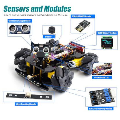 Adeept Mecanum Wheel Smart Car Kit(Compatible with Arduino IDE), Line Tracking, Light Tracing, Obstacle Avoidance, Servo Motor, OLED Display, Buzzer, LED Dot Matrix Display - style: Mecanum Wheels