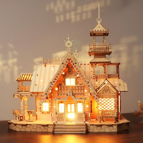 3D Puzzle for Adults, LED Vintage Wooden Villa with USB Lights - color: Vintage Villa