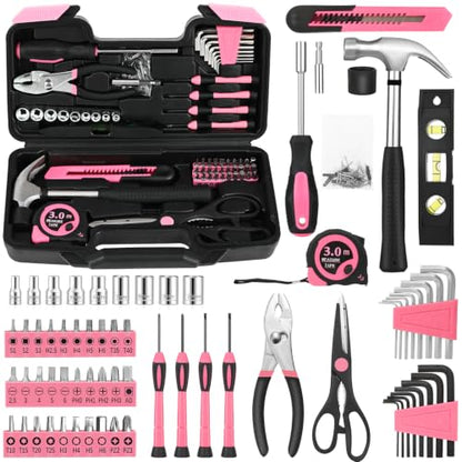 144-Piece Household Tool Set, Pink Tool Kit with Plastic Toolbox - color: Pink, size: 144-Piece