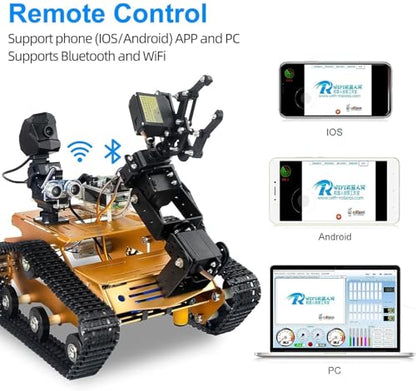 Smart WiFi Robot Kit with Raspberry Pi 5, 4DOF Robotic Arm Track Tank Chassis Robot Car with 2DOF HD Camera Ultrasonic Infrared Sensor, Programmable AI Robot Kit for Adults & Teens (Gold) - color: Gold