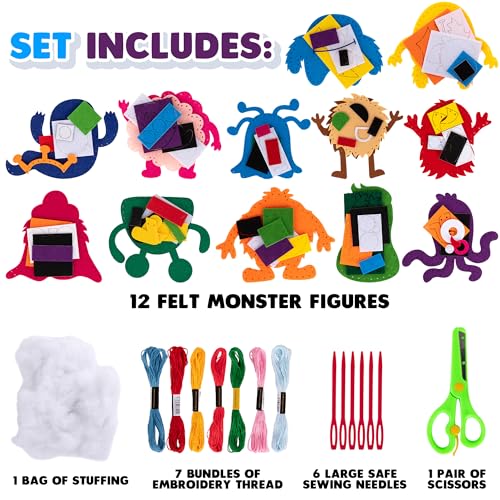 Monster Craft Sewing Kit for Kids - Sewing Craft Kit with 12 Monster Characters, 6 Child-Friendly Needles, 7 Thread Bundles, 1 Bag of Stuffing, and Scissors - Sewing Craft Ages 5 6 7 8 9 10+