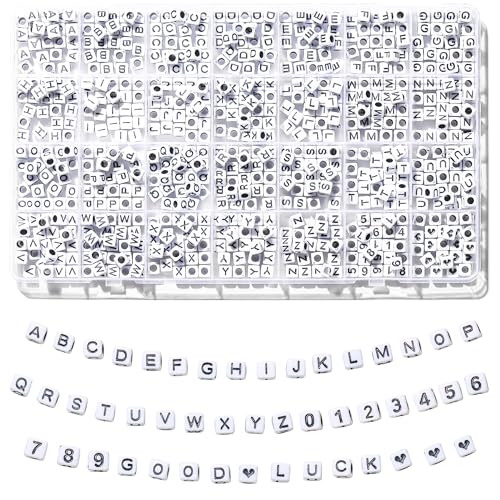 730pcs Square Letter Beads, 28 Styles Friendship Bracelet Kit, 6x6 mm Acrylic Alphabet Beads for Bracelet and Jewelry Making(White and Black)