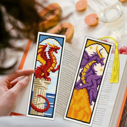 ACRNIGHEET 6PCS Cross Stitch Bookmark Kit for Beginner Dragon Stamped Cross Stitch Kits Needlepoint Kit for Adults DIY Tassel Embroidery Bookmark Kits with Instructions Craft Gift 8.5''x3'' 11CT - style: Dragon Patterns