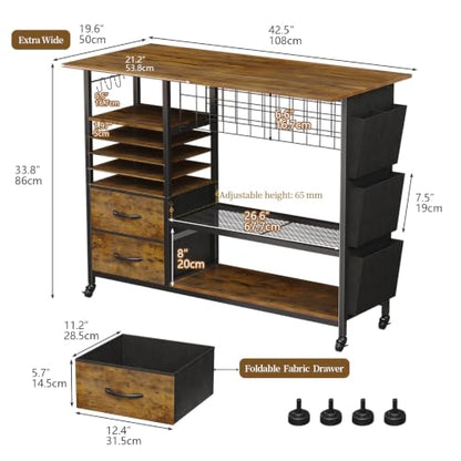 VENNQD Large Heat Press Table Stand, Rolling Heat Transfer Machine Desk Cart Drawers Compatible with Cricut Machines Vinyl Roll Holder DIY Organizer Crafting Table Workbench (Rustic Brown) - color: Rustic Brown