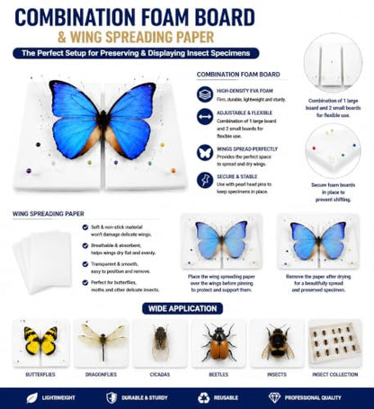 Insect Pinning Kit for Beginners, Complete Bug Specimen Mounting Tools with Combination EVA Foam Board, Wing Spreading Paper, Insect Pins, Tweezers & Scissors, Butterfly Mounting Kit for Entomology - size: Insect Specimen Tools