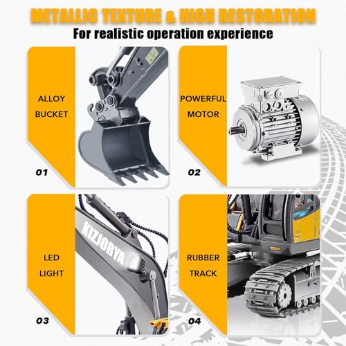 KIZJORYA Remote Control Excavator, Toys for Boys Age 6-12, Rechargeable 11 CH RC Construction Vehicles Truck with Sound Light Metal Shovel, Birthday for Kids 7 8 9 10+ Year Old(2.4 GHz) - style: real remote control Excavator