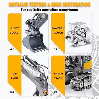 KIZJORYA Remote Control Excavator, Toys for Boys Age 6-12, Rechargeable 11 CH RC Construction Vehicles Truck with Sound Light Metal Shovel, Birthday for Kids 7 8 9 10+ Year Old(2.4 GHz) - style: real remote control Excavator