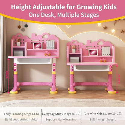 Kids Desk and Chair Set for Ages 3-12 - Height Adjustable Study Desk with Widened Desktop, Storage Drawer & Bookstand, Ergonomic Design, Supports up to 300 lbs - color: 606-pink