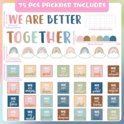 QOUBAI Boho Affirmation Station Bulletin Board Set Motivational Together We are Better Bulletin Board Inspirational Positive Sayings Cutouts Classroom Decor for Back to School Decor Wall Door - style: Boho Affirmation Station