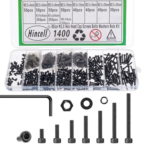 1400Pcs M2.5 Screws,M2.5x4/6/8/10/12/16/20/25mm Screw kit,Hex Socket Head Cap Bolts,12.9 Grade Black Zinc Plated for 3D Printer - size: M2.5x4/6/8/10/12/16/20/25mm