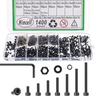 1400Pcs M2.5 Screws,M2.5x4/6/8/10/12/16/20/25mm Screw kit,Hex Socket Head Cap Bolts,12.9 Grade Black Zinc Plated for 3D Printer - size: M2.5x4/6/8/10/12/16/20/25mm