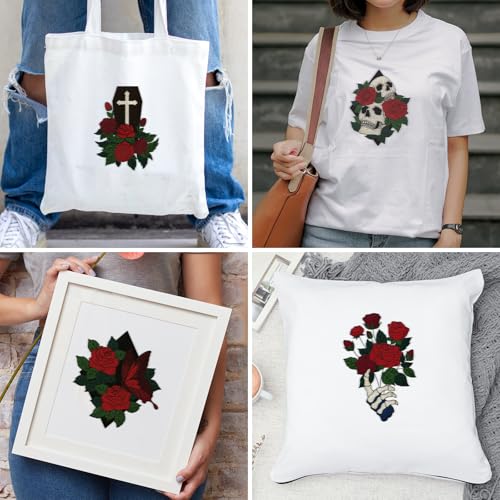 BEUNITONE 4 Set Halloween Skull Embroidery Kit for Beginners Include Hoops - color: 02-Halloween Rose