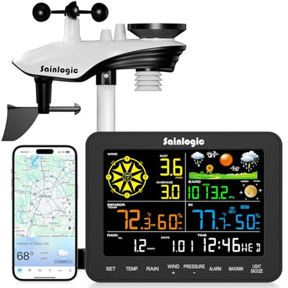 Sainlogic 10-in-1 WiFi Weather Stations,24/7 AI Weather Forecast by Weatherseed®, APP Alert, with Rain Gauge, Wind Speed, 2-Year Data Storage (Only 2.4G)