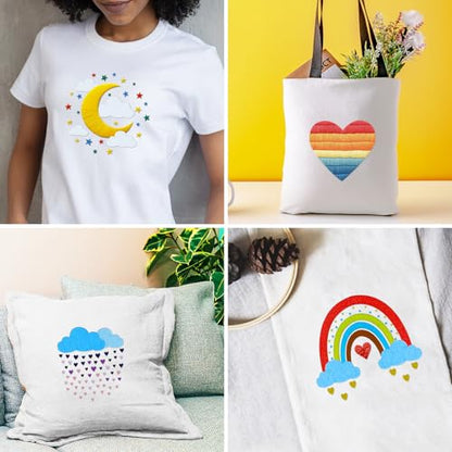 INFUNLY 5 Sets Rainbow Sun Embroidery Kits for Beginners DIY Cross Stitch Starter Sets with Instructions Heart Moon Pattern Needlepoint Kits with Embroidery Cloth Colored Threads Hoops Tools - style: Weather themes