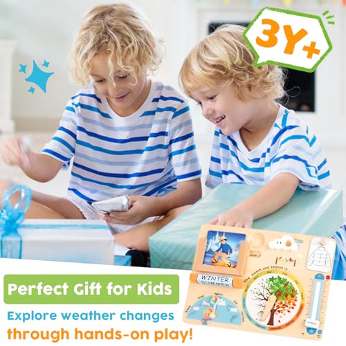 Wooden Weather Station Cognitive Board with 24 Cards, Climate Teaching Toy, Weather Board for Kids, Learning Daily Weather Condition Changes, Months Temperature & Seasons Toys for 3,4,5 Years Old