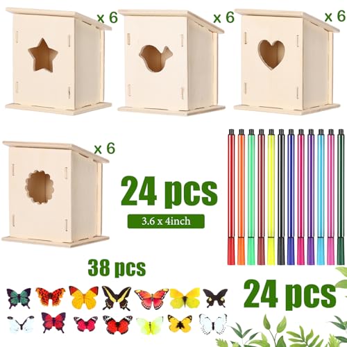 Outus 24 Pcs Wooden Birdhouse Kits for Kids, 4 Shapes Unfinished, Classic