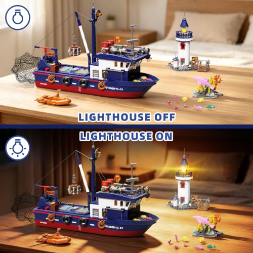 Fishing Boat & Light-Up Lighthouse Building Set, Compatible with LEGO Boat 777 PCS Sea Fishing Building Kit with Gear-Controlled Net, Rescue Dinghy and Coral Reef, Ocean Gift for Kids and Teens