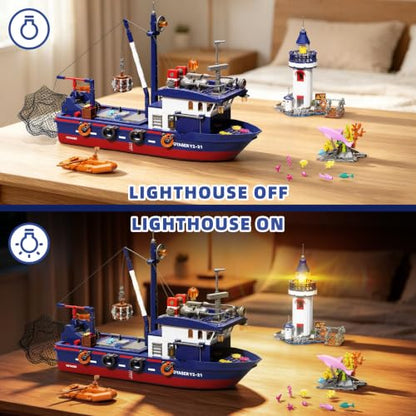 Fishing Boat & Light-Up Lighthouse Building Set, Compatible with LEGO Boat 777 PCS Sea Fishing Building Kit with Gear-Controlled Net, Rescue Dinghy and Coral Reef, Ocean Gift for Kids and Teens