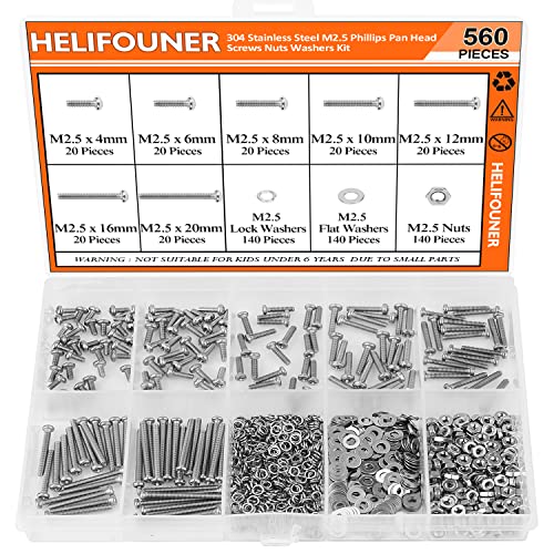 HELIFOUNER 560 Pieces M2.5 x 4mm /6mm /8mm /10mm /12mm /16mm /20mm, Phillips Pan Head Machine Screws, Metric Screws Bolts Washers Nuts Kit, 304 Stainless Steel - size: M2.5, style: Phillips Pan Head