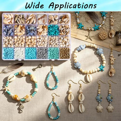 1770Pcs Ocean Theme Beads Kit for Jewelry Making, Blue White Summer Beach Seashell Charms Sea Turtle Starfish Shape Beads 4mm Sea Glass Chips for DIY Bracelets Necklace Anklet Earrings Keychain Crafts - color: Beige-Brown