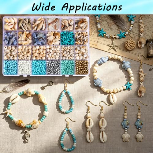 1770Pcs Ocean Theme Beads Kit for Jewelry Making, Blue White Summer Beach Seashell Charms Sea Turtle Starfish Shape Beads 4mm Sea Glass Chips for DIY Bracelets Necklace Anklet Earrings Keychain Crafts - color: Beige-Brown