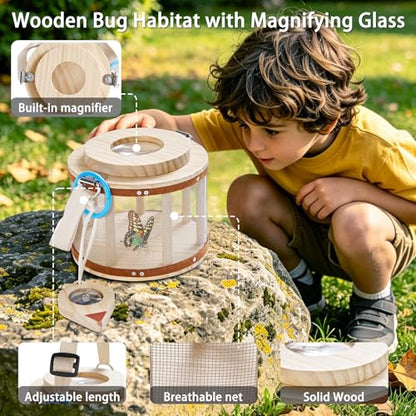 Wooden Bug Catcher Kit for Kids Ages 3-8, 11PCS Outdoor Nature Explorer Kit with Bug Habitat, STEM Educational Guide, Butterfly Net & Magnifying Glass, Montessori Catching Toy & Camping Gift