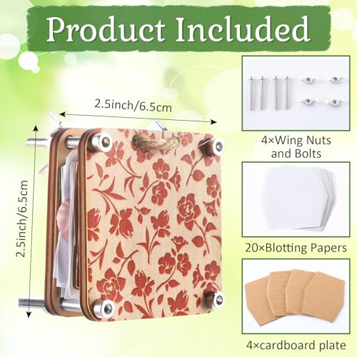 Leriton Micro Flower Press Kit 2.56 x 2.56 Inch Mini Wood Flower Press Kit Pocket Plant Leaf Preservation with 20 Specimen Papers for DIY Arts Crafts Pressing Plants