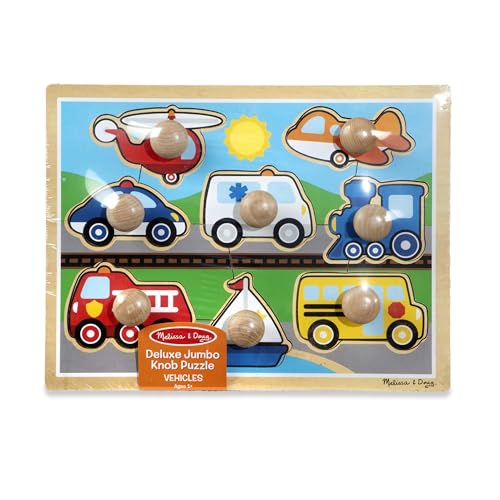 Melissa & Doug Vehicle Jumbo Knob Puzzle, Wooden Peg Puzzle for Toddlers, Educational Toy for Shape Recognition and Fine Motor Skills, Ages 1+