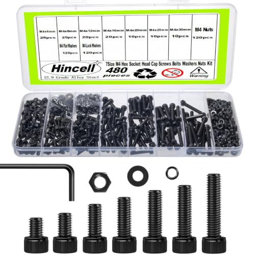 480Pcs M4 Screws,M4x6/8/12/16/20/25/30 mm Screw kit,Hex Socket Head Cap Bolts,12.9 Grade Black Zinc Plated for 3D Printer - size: M4x6/8/12/16/20/25/30mm