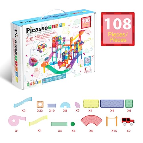 PicassoTiles 108 Piece Marble Run Race Track Set with LED Cars STEM Ages 3+ - color: 3-in-1 108pcs