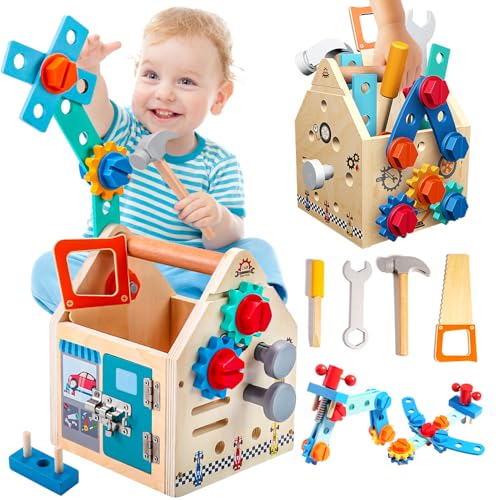 GAIETYDIY Montessori Toddler Tool Set - Wooden Kids Tools with Box/Bench - color: House
