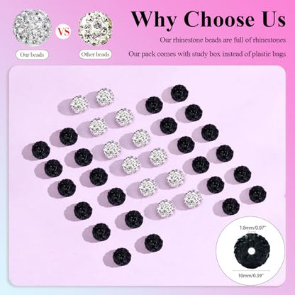 Dowarm 255PCS 10mm Rhinestone Beads for Baseball Rhinestone Necklace Bracelet Jewelry Making, Round Polymer Clay Beads for Crafts Beaded Pen, Shamballa Clay Pave Disco Diamond Bead, Black|White - color: 07-Black | White