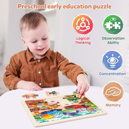 SYNARRY Large Wooden Construction Vehicle Puzzles for Kids Ages 4-6 - style: Construction Vehicle